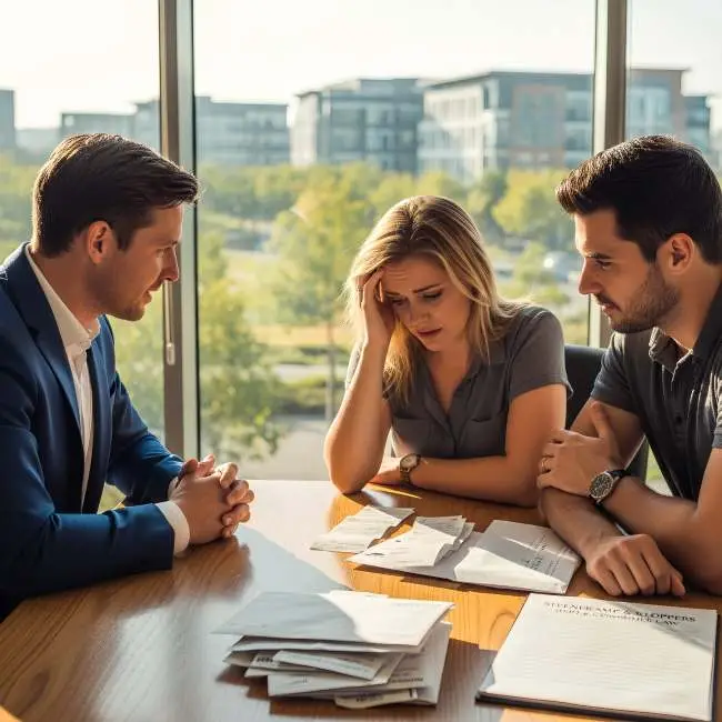 Lawyer calmly advising a couple on finding relief from financial stress and consumer debt in South Africa.
