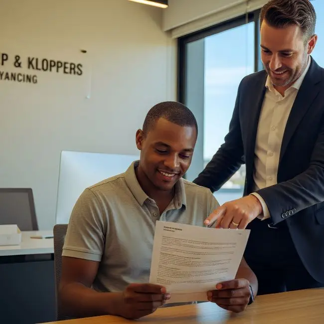 Male client signing final property transfer documents with the support of a Steenekamp & Kloppers conveyancing lawyer. Seamless South African property registration.